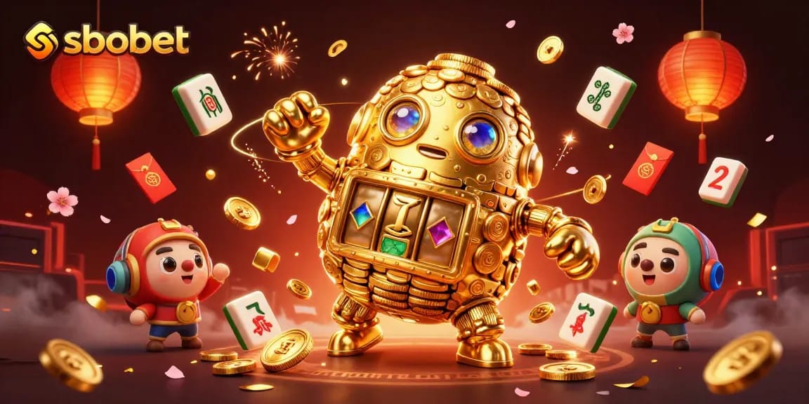 Experience sbobet gaming excitement with an incredible slots illustration featuring a golden golem and rich casino elements.