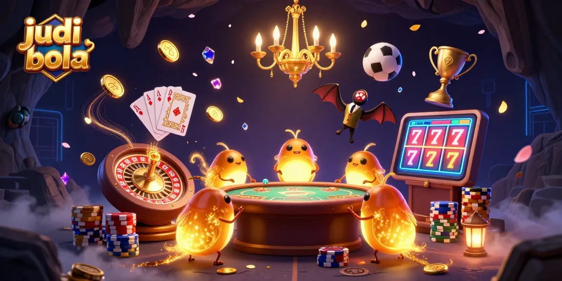 Experience the excitement of judi bola with glowing cartoon glowworms in a vibrant casino scene.