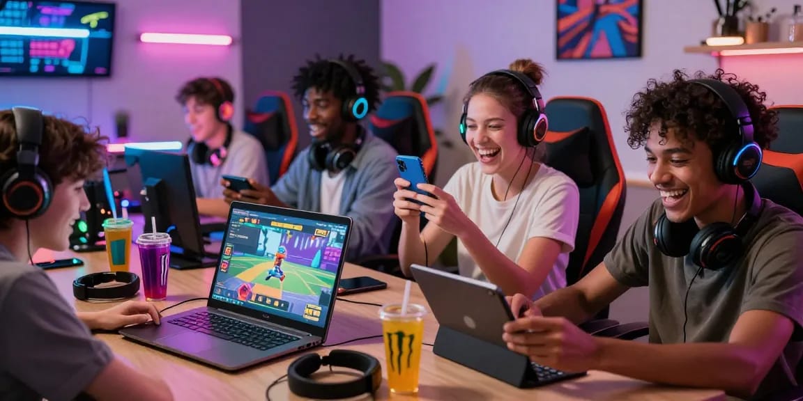 Gamers enjoying free porn games on laptop and mobile devices in a vibrant gaming room atmosphere.
