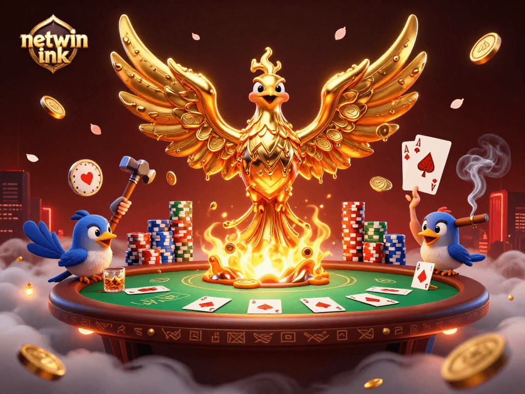 Engage in the thrill of netwin ink with molten gold phoenix at a vibrant poker table.