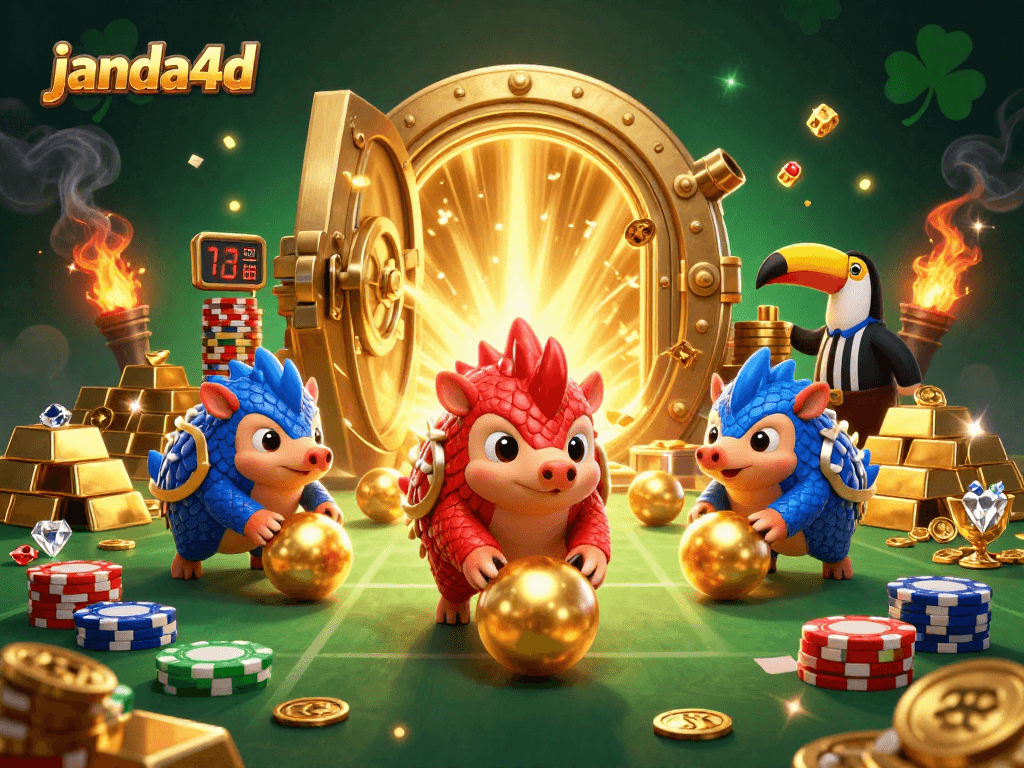 Engage with janda4d in this vibrant 3D scene featuring rival pangolins competing in a cosmic casino.