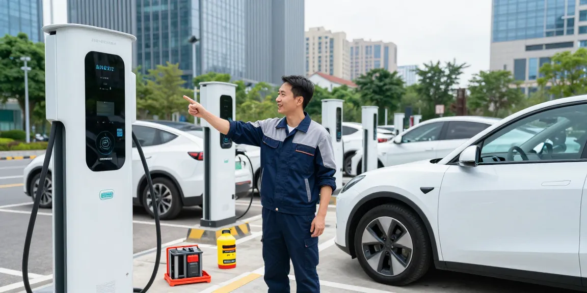 EV charger manufacturer technician servicing urban charging station