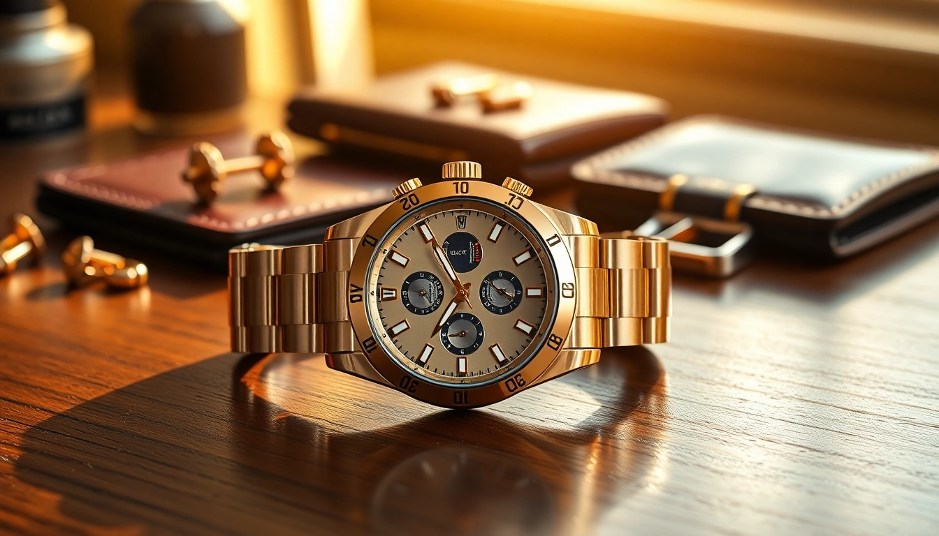 Showcasing a luxury rolex replica watch on polished wood, capturing its intricate design.
