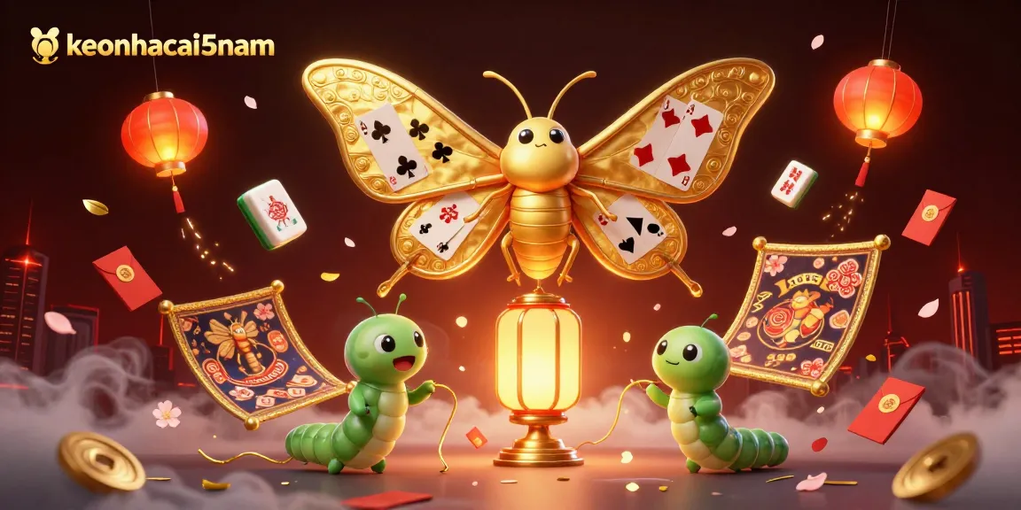 Engage with keonhacai5nam's vibrant casino scene featuring dazzling moths and golden lanterns amidst dynamic game elements.