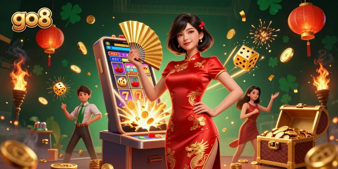 Play exciting casino games at go8 with vibrant visuals and dynamic elements, featuring stunning graphics of a beautiful Asian woman and jackpot rewards.