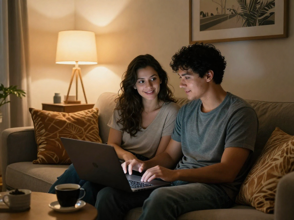 Couple using sex AI chat on a laptop in a cozy living room.