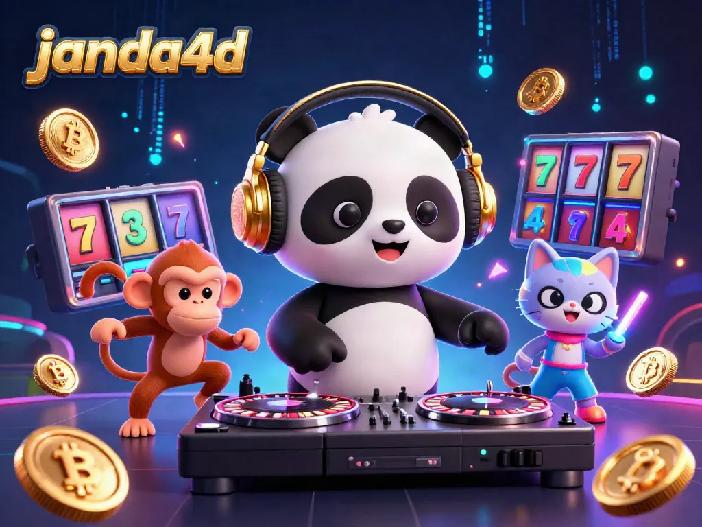 Janda4D menawarkan pengalaman bermain yang seru dengan DJ panda, monyet breakdance, dan kucing rave di antara simbol slot dan koin crypto.