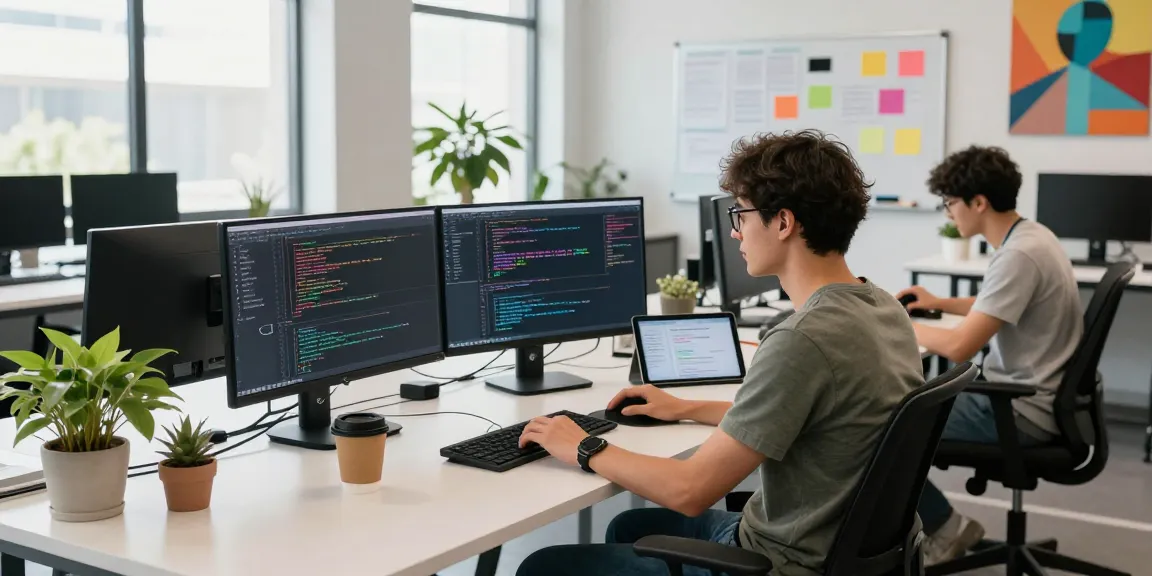 Programmer focused on coding in a vibrant co-working space using cika4d technology, with monitors showcasing code and collaboration.