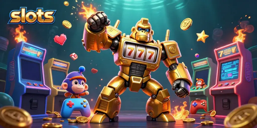Win big with slots in a vibrant 3D casino scene featuring a golden gorilla mech and arcade machines.