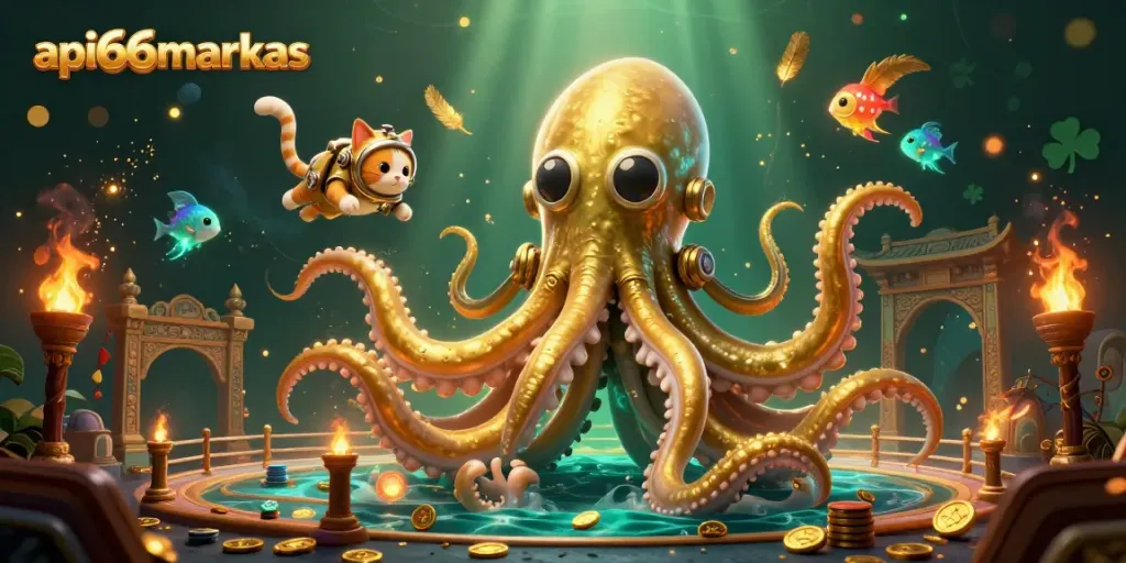 Engage in thrilling adventures at api66markas with a colorful kraken, diving cat, and unique casino elements.