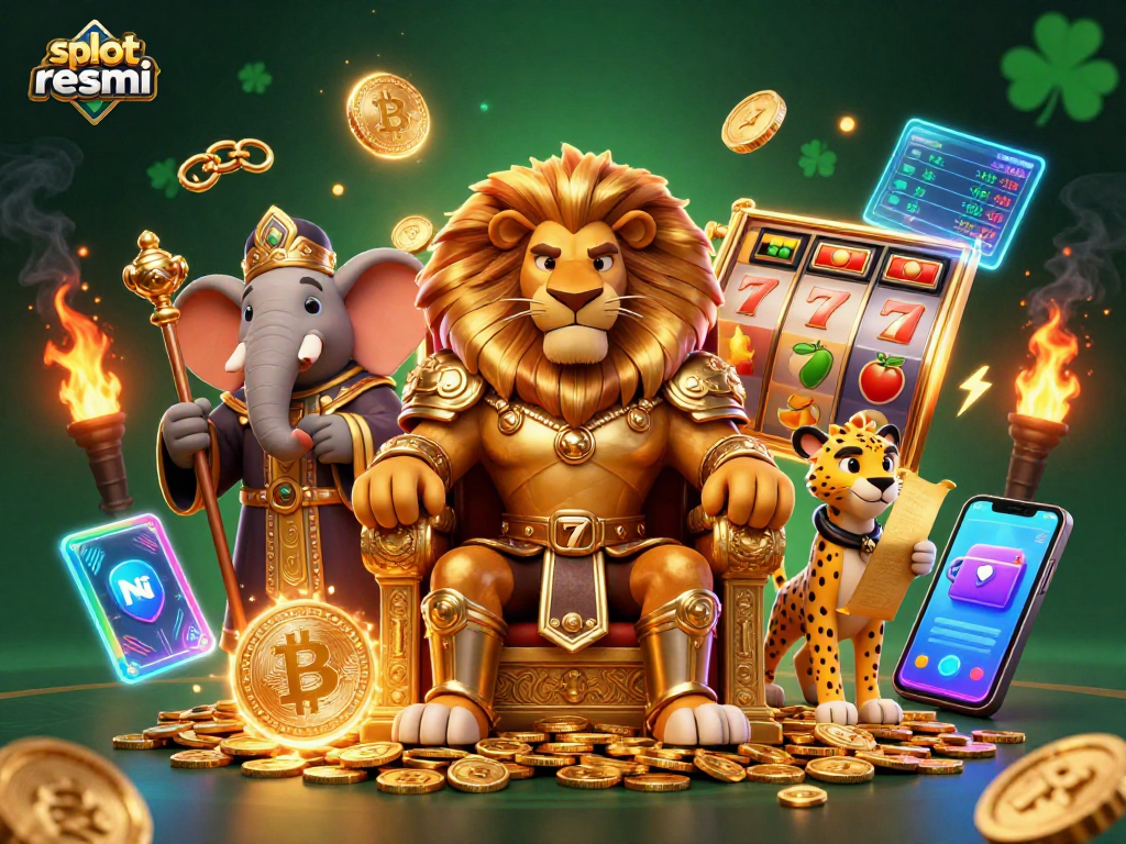 Experience rich slot resmi action with a majestic lion king, wise elephant, and swift cheetah in a colorful casino scene.