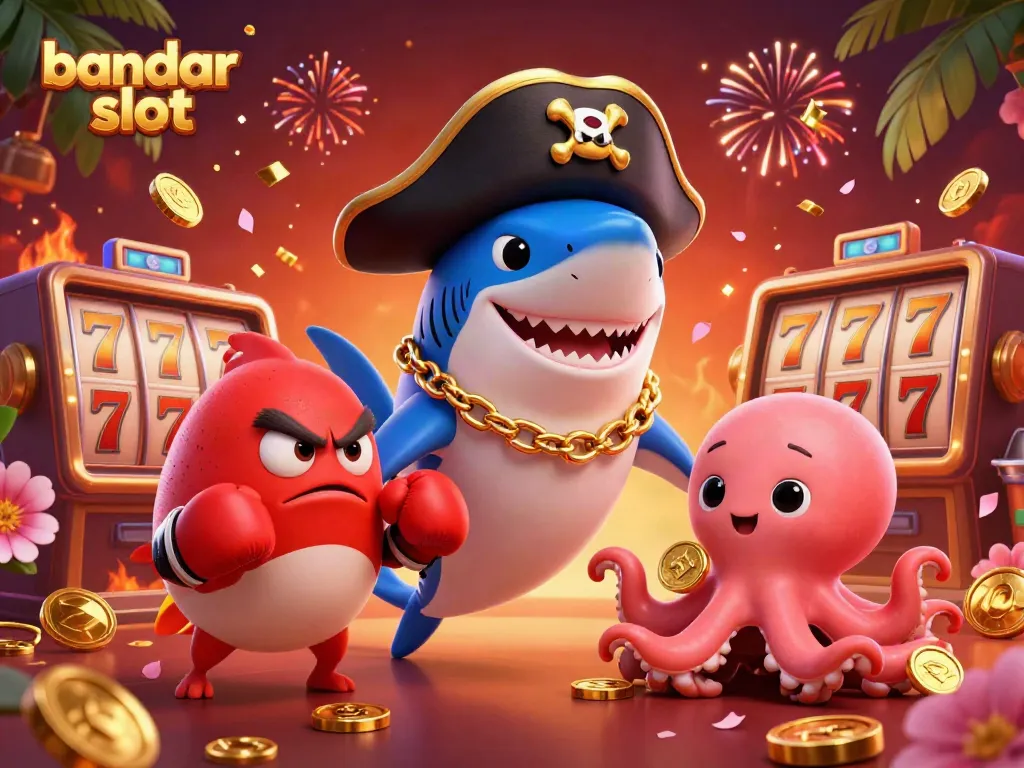 Bandar slot dengan simbol slot, uang emas, dan karakter kartun aktor laut yang menggemaskan.