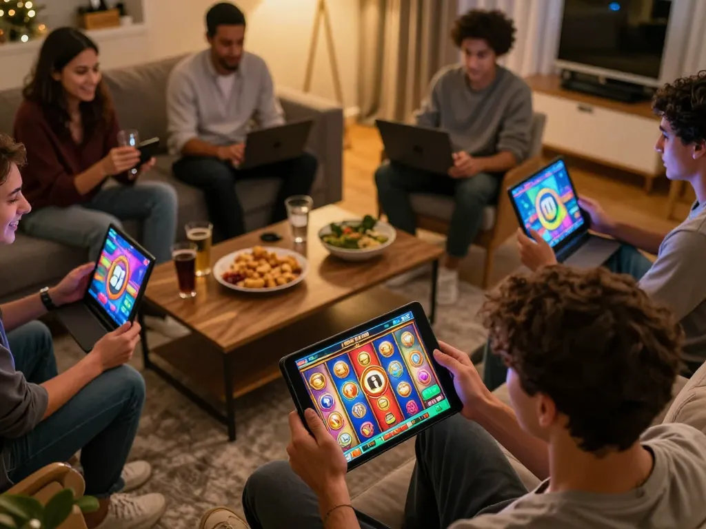 Engaging player spinning the reels on 7hh online slots during a lively home gaming night.