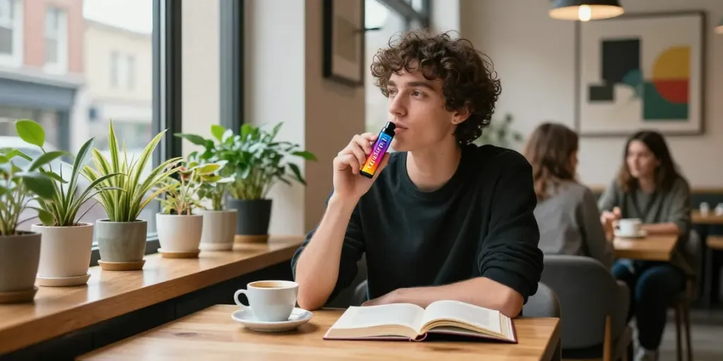 Enjoying a disposable THC vape UK in a stylish café setting with coffee and a book.