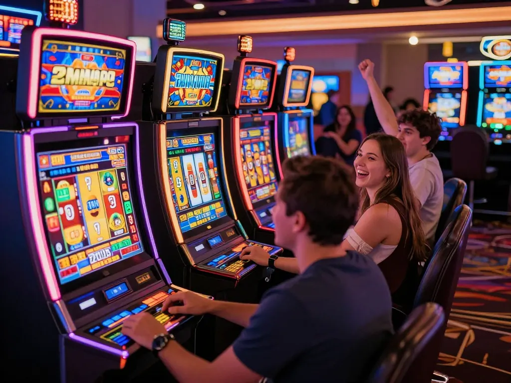 Players engaging with vibrant slot machines attract slot bonus new member 100 excitement in the casino.