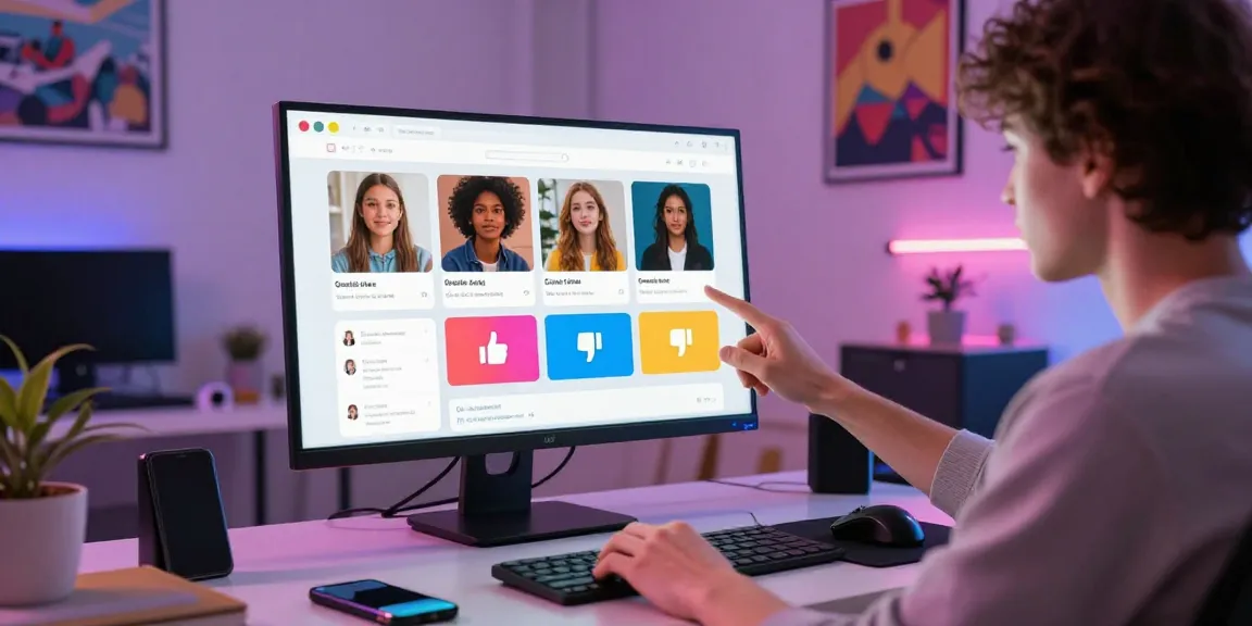 An interactive scene showcasing smash or pass ai rating AI-generated images in a vibrant home office setting.