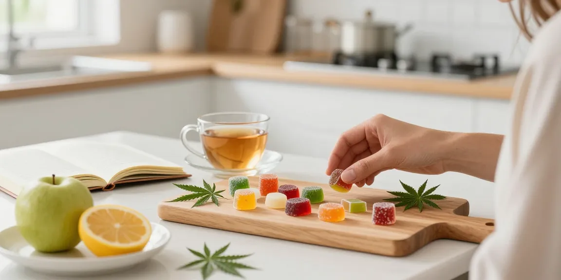 THC edibles UK sweets featured in modern kitchen, promoting natural wellness with quality hemp-infused gummies and CBD oil.