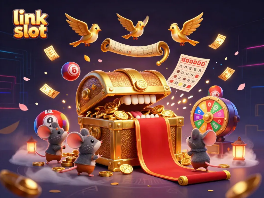 Slot dengan simbol keberuntungan dan banyak elemen kasino, menciptakan suasana permainan yang memikat.