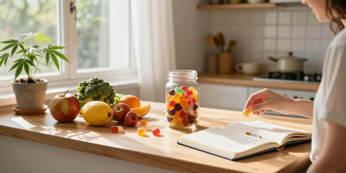 CBD Gummies enhancing a natural wellness routine with fresh ingredients, jars, and a hemp plant in a bright kitchen.