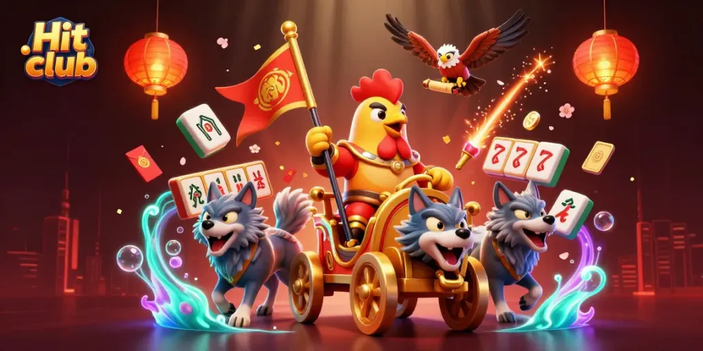 Hit club themed 3D illustration showcasing dynamic gambling elements and character action.