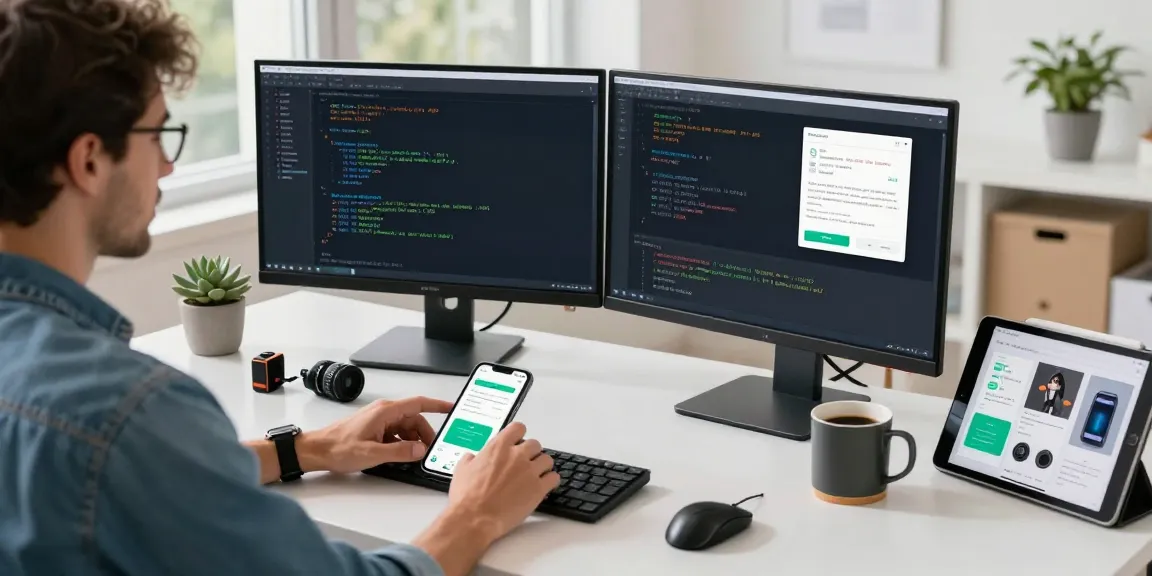 Mobile app developer coding GB WhatsApp APK on dual screens in a modern workspace.
