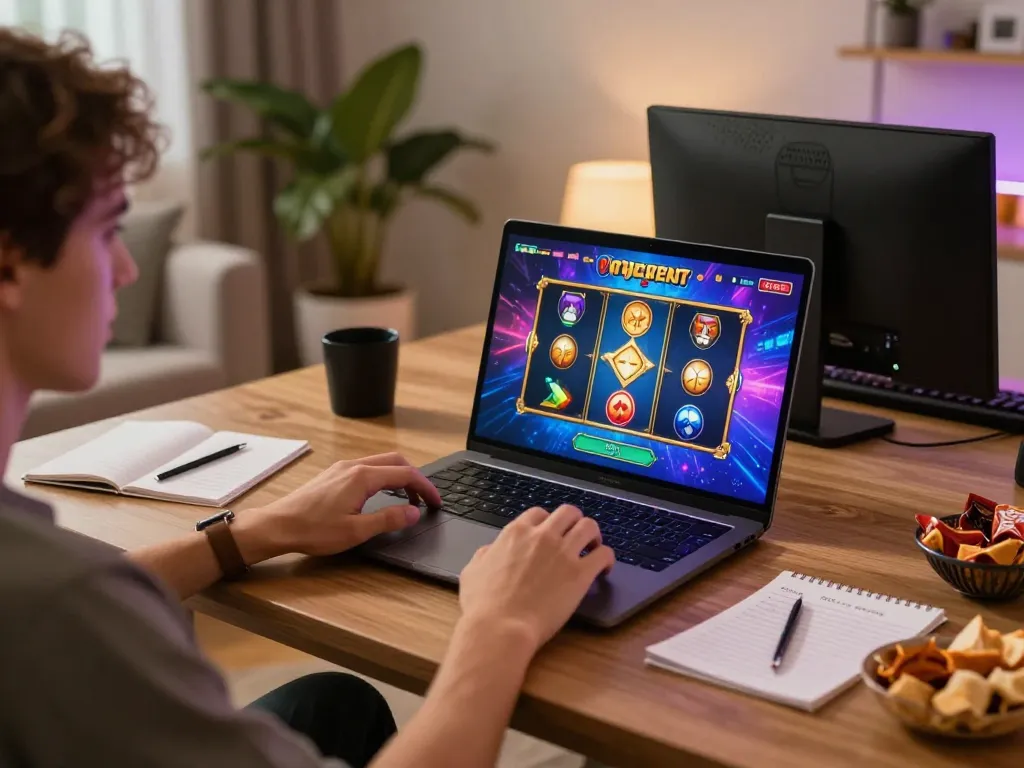 Engaging with link slot gacor on a laptop, showcasing the excitement of online gaming in a cozy home setting.