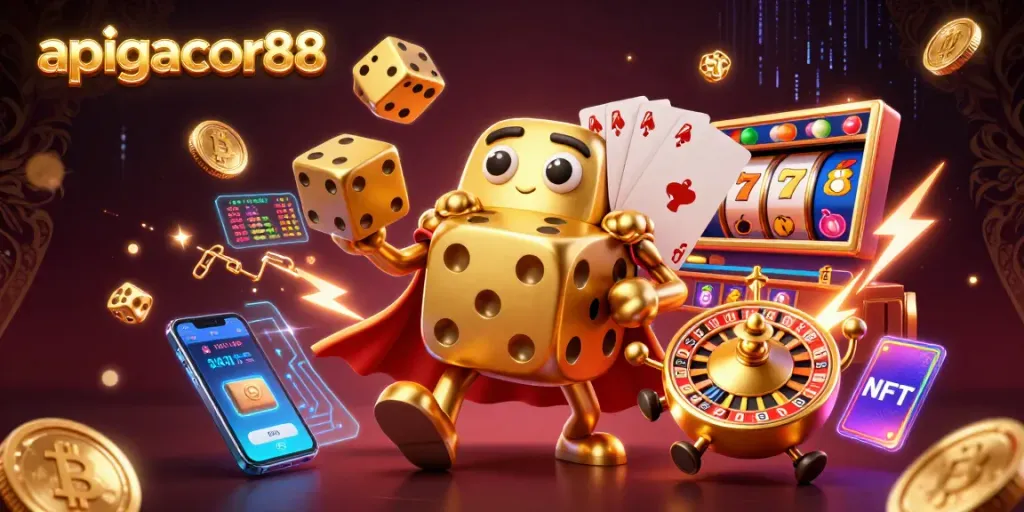 Experience thrilling wins with apigacor88's 3D casino scene of golden dice and vibrant slots.
