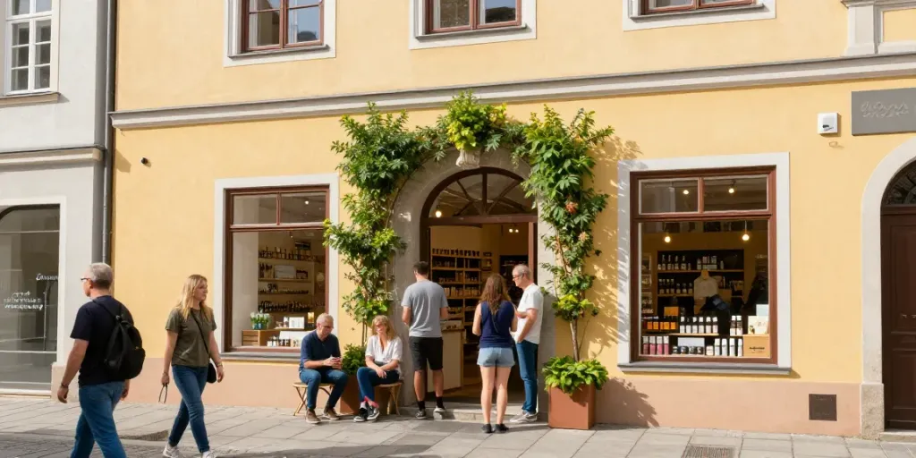 Discover the vibrant atmosphere at a cbd shop regensburg, with customers enjoying the local cannabis scene.