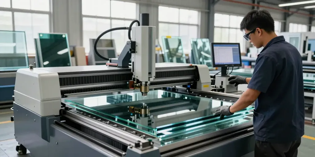 Glass machine manufacturers at work with a technician using advanced cutting technology in a bright industrial setting.