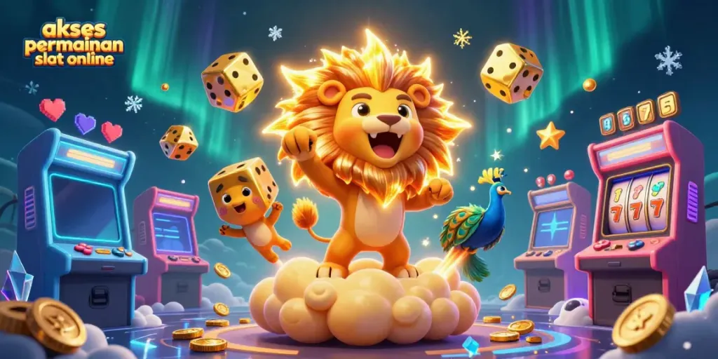 Mainkan akses permainan slot online dengan karakter kartun berwarna cerah di latar belakang kasino yang ceria.