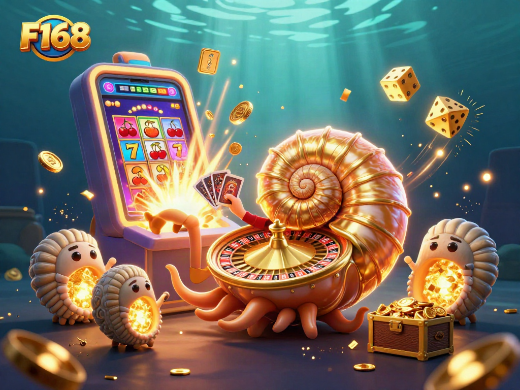 Engage with F168 as the ancient nautilus spins a golden roulette wheel amidst dazzling casino graphics.