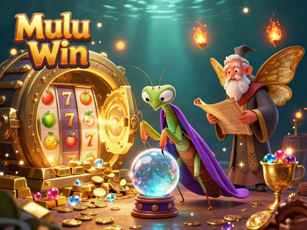 Mulu Win slot game illustration showcasing a praying mantis fortune teller and a moth librarian amidst golden treasures and slot elements.