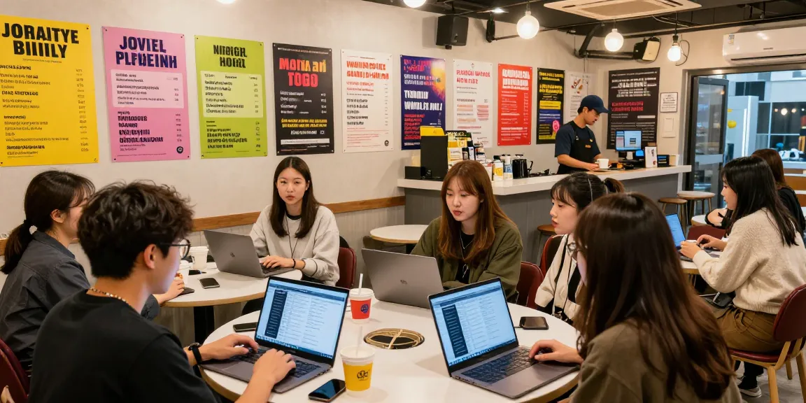 퀸알바 관련 정보와 구인정보를 논의하는 젊은이들이 활기찬 커뮤니티 센터에서 모여있습니다.