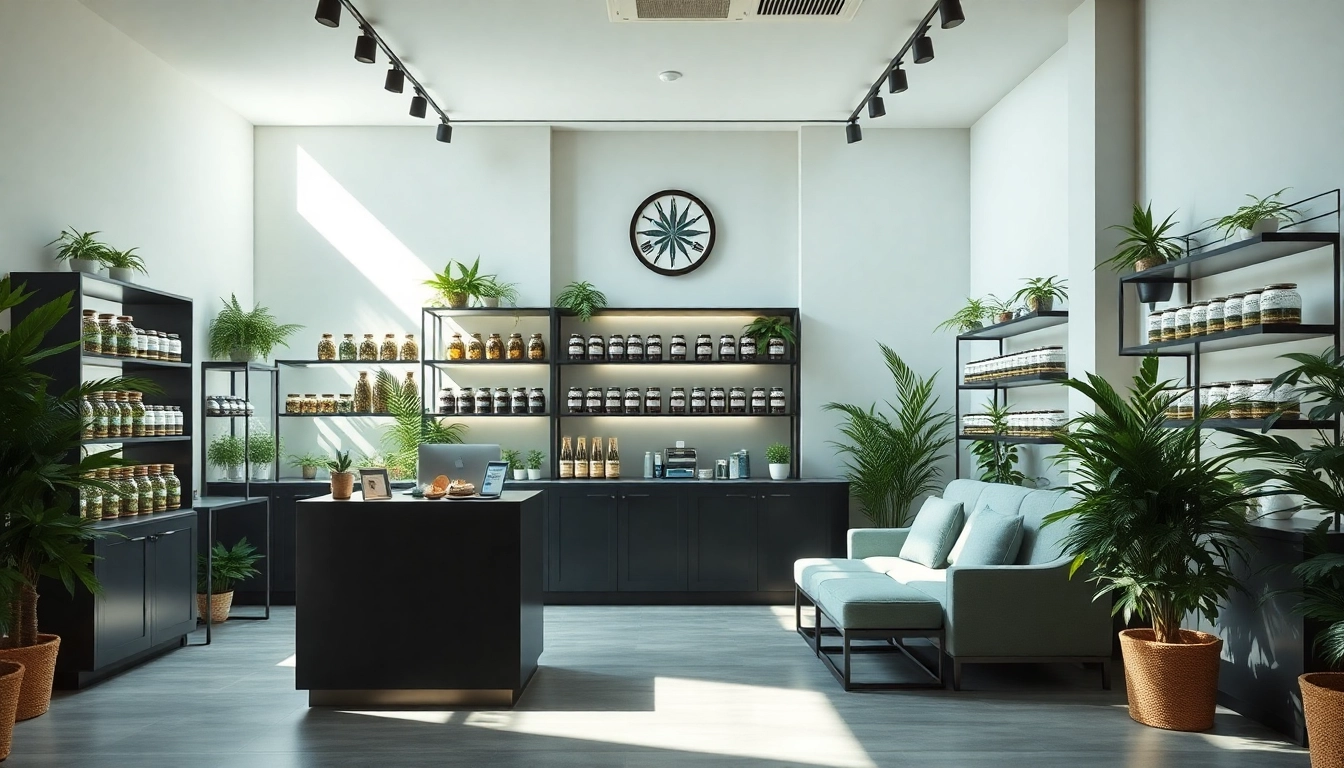 Engaging cannabis shop with an elegant interior and product displays inviting customers.