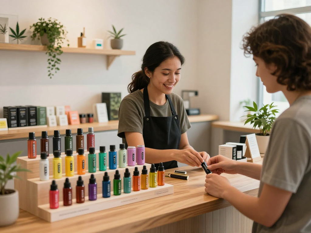 Buy Prefilled Vape Cartridges Online Europe in a modern cannabis dispensary showcasing variety and customer engagement.
