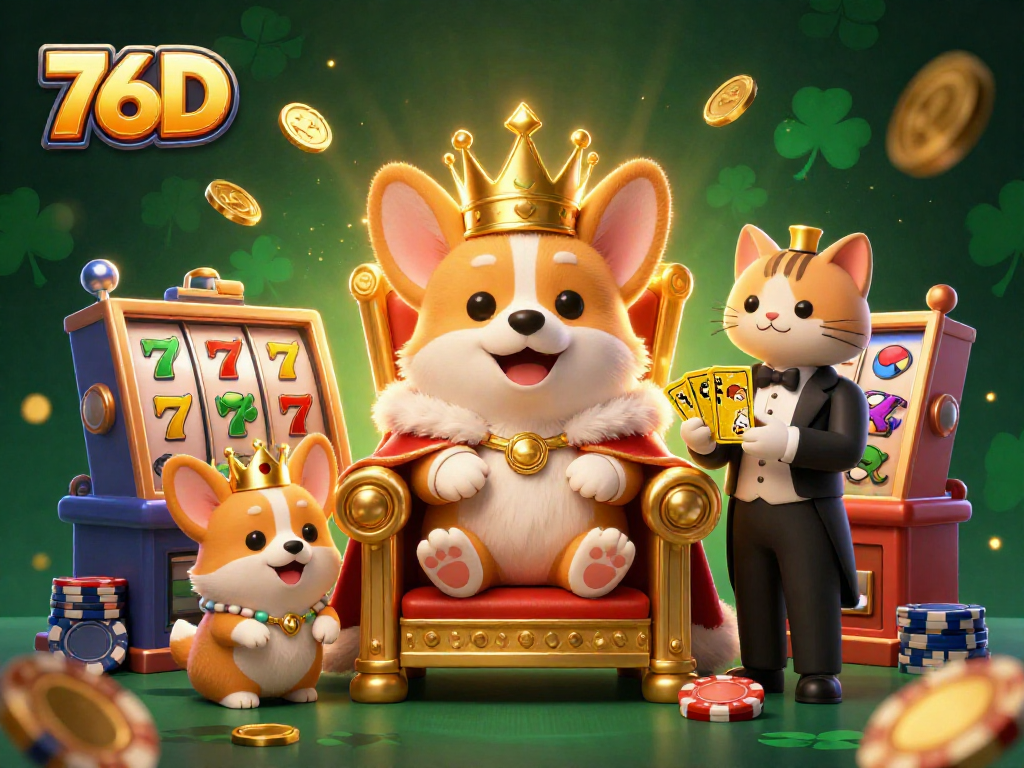 Slots e diversão com o corgi real e o 76D em ação no cassino.