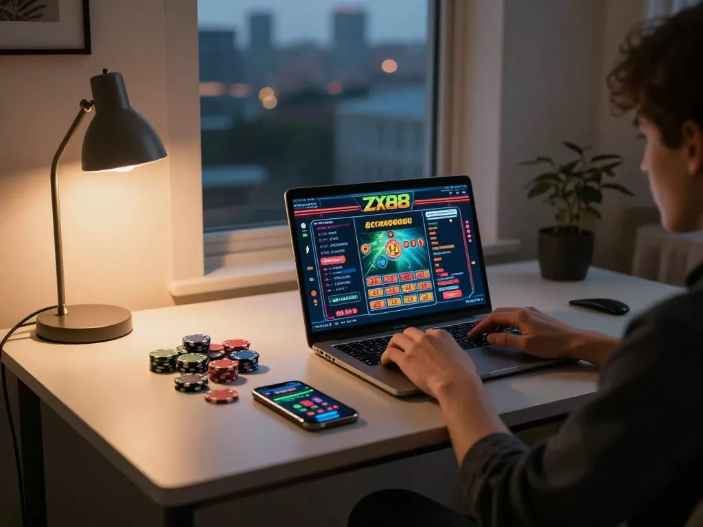 Engaging gameplay on ZX88 app from a laptop in a cozy home setting, showcasing strategic online casino experience