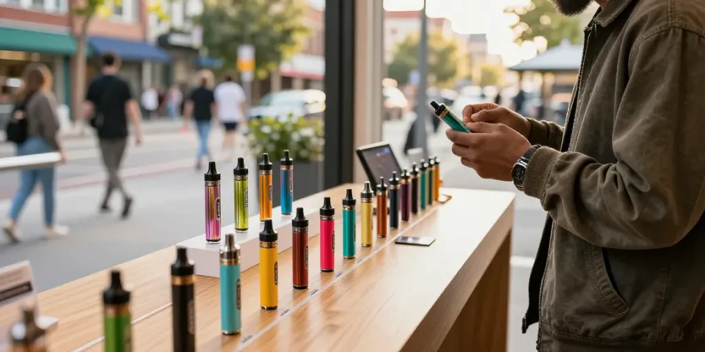 Person exploring options for disposable THC vape UK amidst a vibrant street atmosphere.