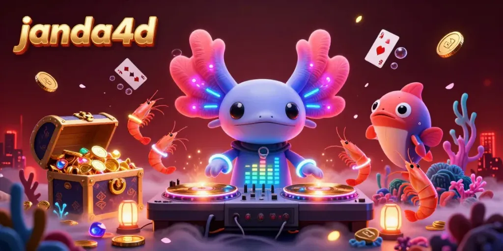 Rasakan keseruan janda4d dengan DJ axolotl neon beraksi di panggung kasino bawah laut, dikelilingi harta karun.