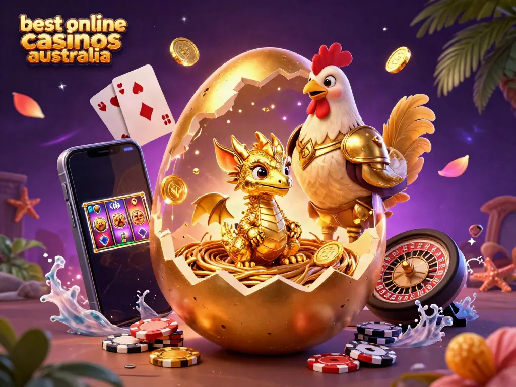 Engage with the best online casinos Australia by exploring a vivid 3D scene featuring a golden dragon and gaming elements.