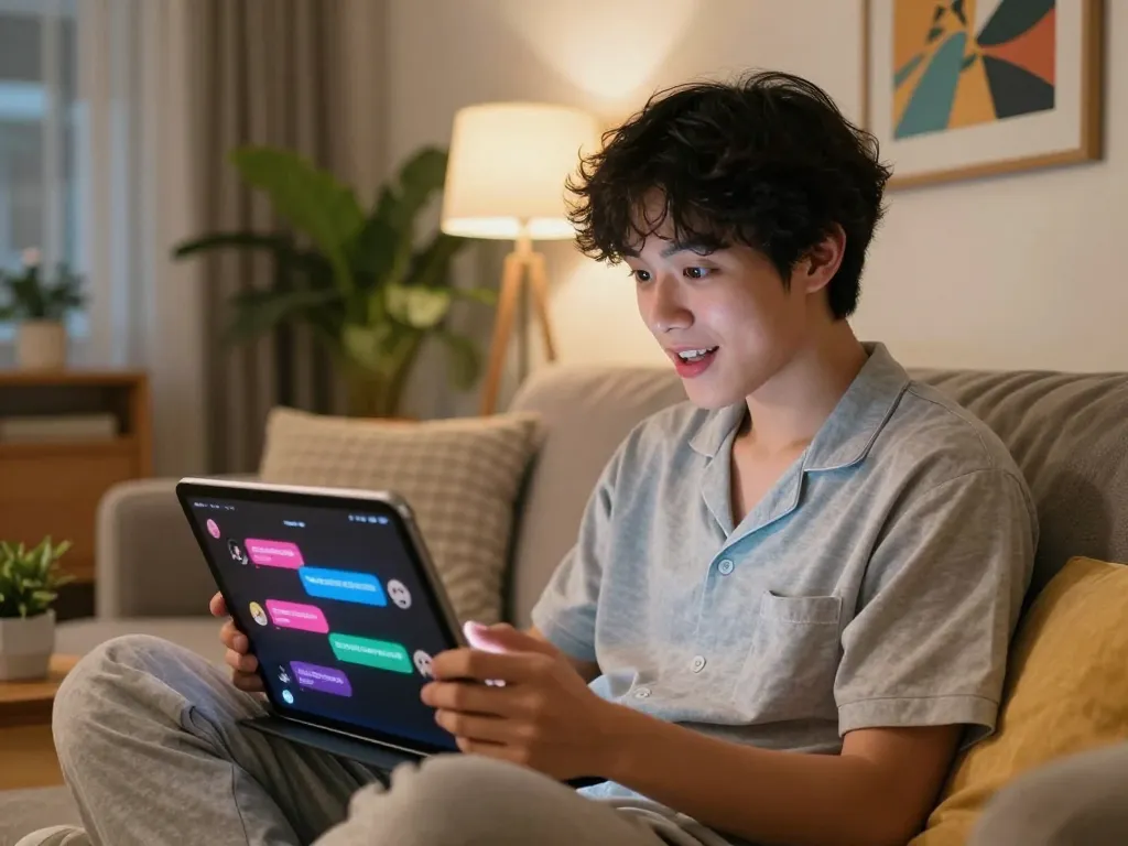 Engaging in NSFW AI chat on a tablet in a stylish urban apartment.