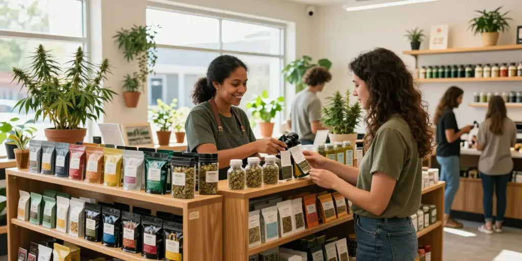 Engaging cannabis retail environment showcasing various flavored import hash selections with natural light and vibrant colors.