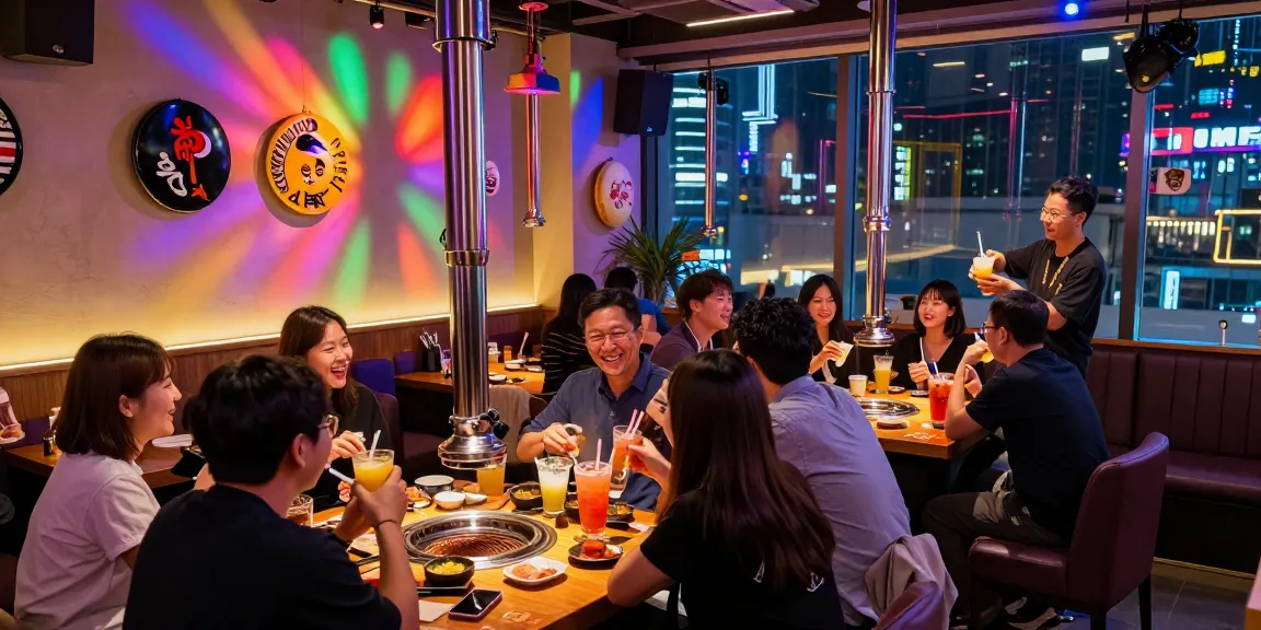 Exciting nightlife at a lounge bar showcasing 상봉동 한국관나이트 with friends enjoying drinks and Korean BBQ.