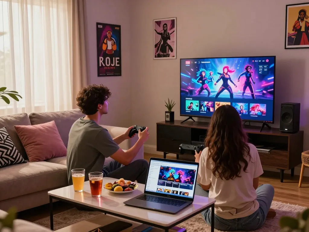 Couple enjoying popular sex games online on a cozy sofa with ambient lighting.
