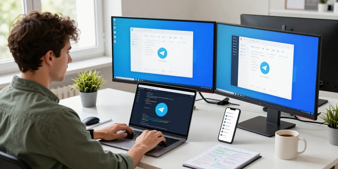 Developer coding Telegram中文版下载 on a laptop in a bright workspace.