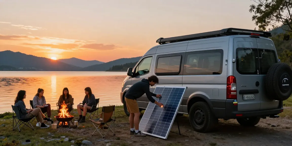 Exploring rokok 88 van electrics in a sunset lake scene with friends.