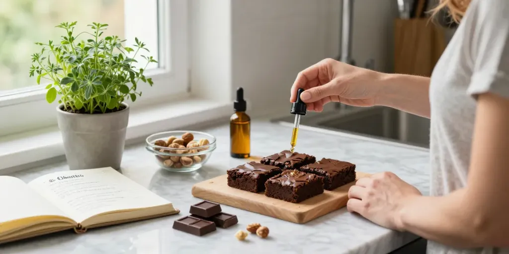 Where to buy weed brownies in the UK? Natural baking scene with CBD ingredients, organic products, and a wellness lifestyle.
