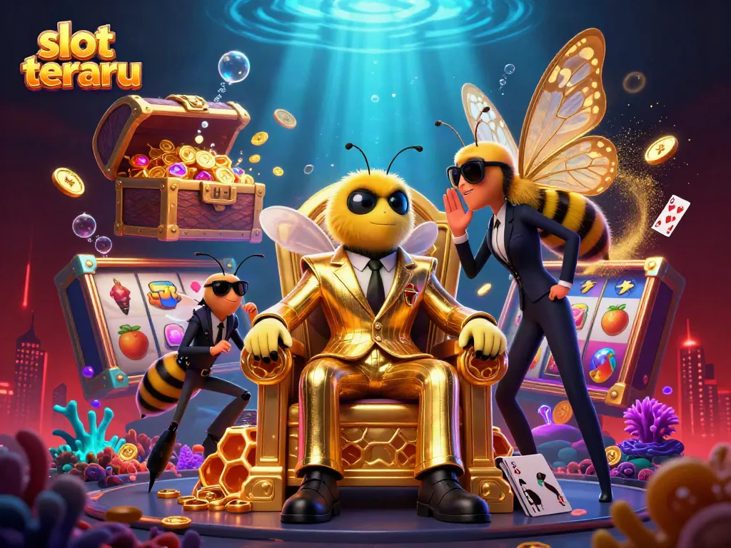 Gambar slot terbaru dengan bos bumblebee berkostum emas dikelilingi elemen permainan slot menarik.