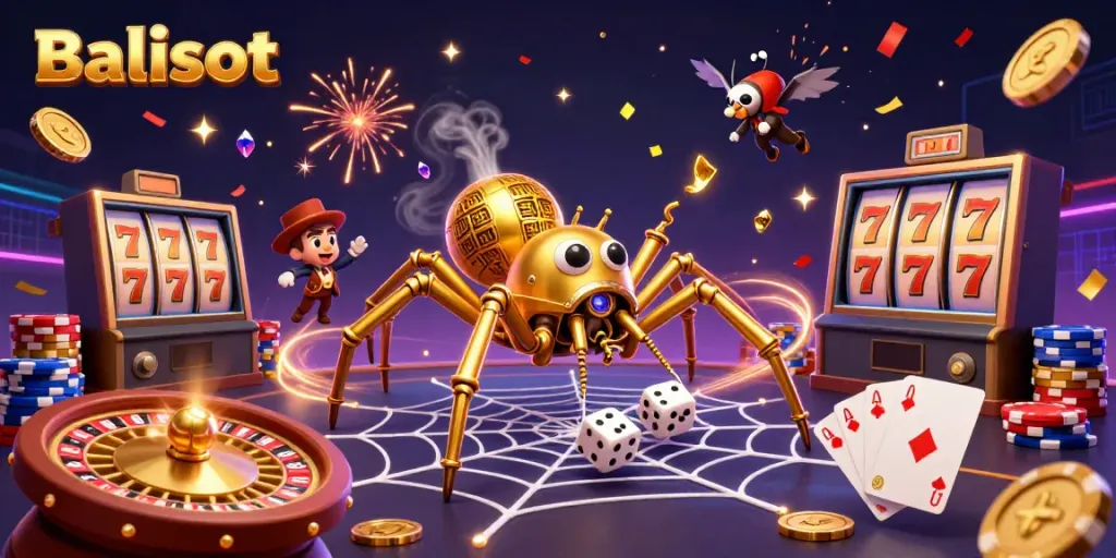 Balislot's thrilling gaming experience highlighted with a steampunk spider and vibrant casino elements.