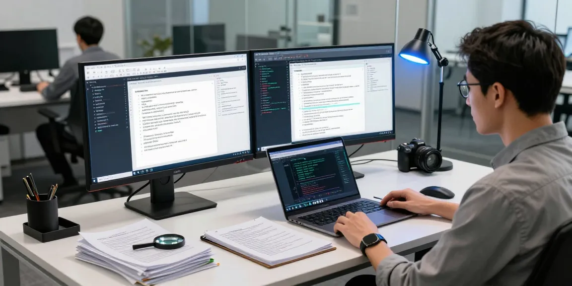 Detect PDF fraud with advanced technology in a modern workspace featuring dual monitors and forensic tools.